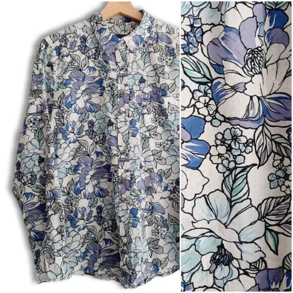 ANN TAYLOR 100% Cotton Floral Button Down Shirt Top Blue & White Sz M - Picture 1 of 13